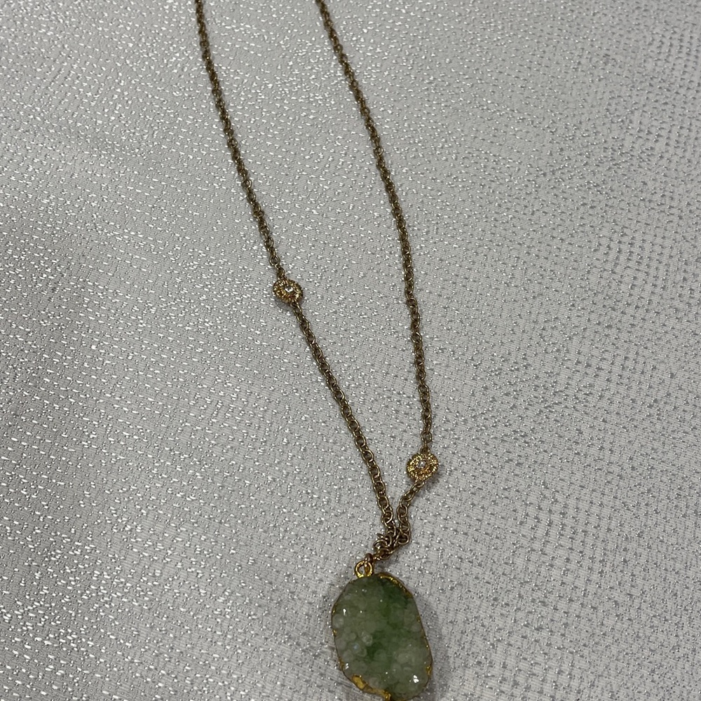 Long Gold Necklace with Green Crystal Stone and a Tassel